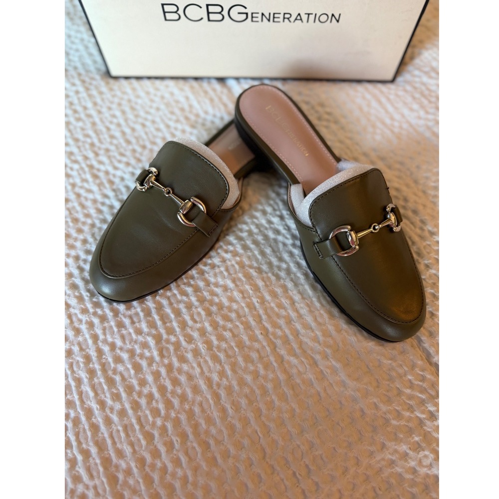 BCBGeneration Zorie Dark Olive Green Horsebit Mules Loafer Slides 6.5M
